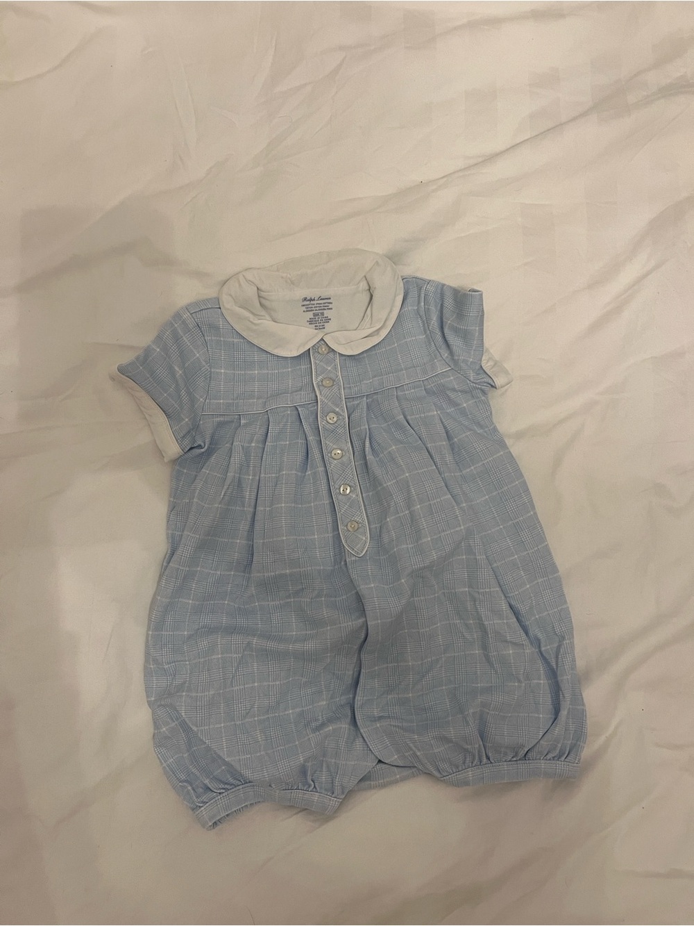 Ralph Lauren Light Blue Plaid Baby Romper with White Collar